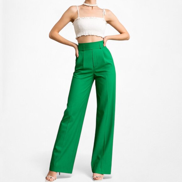 Zara Green High Waisted Button Front Detail Straight Leg Pants Size XS/S - Picture 2 of 9